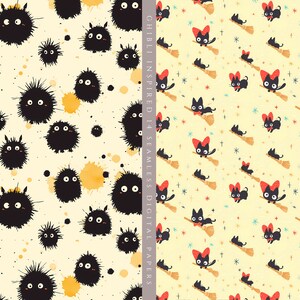 May include: Two seamless digital paper patterns inspired by Studio Ghibli. The first pattern features black and white fluffy creatures on a cream background with yellow watercolor splatters. The second pattern features black cats with red bows flying on broomsticks on a cream background with red, blue, and yellow stars.