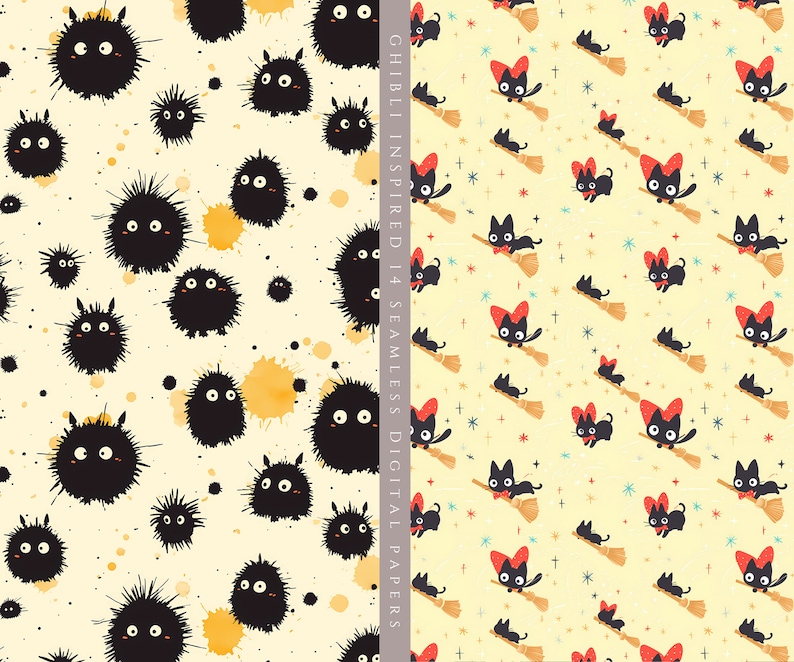 May include: Two seamless digital paper patterns inspired by Studio Ghibli. The first pattern features black and white fluffy creatures on a cream background with yellow watercolor splatters. The second pattern features black cats with red bows flying on broomsticks on a cream background with red, blue, and yellow stars.