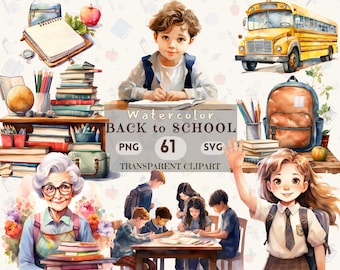 Pode incluir: Conjunto de 61 ilustrações de volta às aulas em aquarela. O conjunto inclui um ônibus escolar, uma mochila, um professor, alunos, livros, lápis e outros materiais escolares.