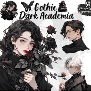 Paquete de imágenes prediseñadas de Gothic Dark Academia - PNG Dark Academia Retratos, libros y decoración, Lovely Gothic Clipart-Descarga instantánea para uso comercial