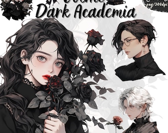 Gothic Dark Academia Clipart Bundle, PNG Portraits Books Decor, Witchy Junk Journal Digital Download