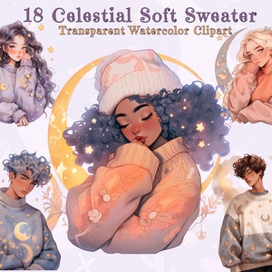 Celestial Autumn People in Sweater Clipart Bundle - Watercolor Stylish Soft Sweaters, Moon and Stars, Starry, Cute, Fashionable -Transparent