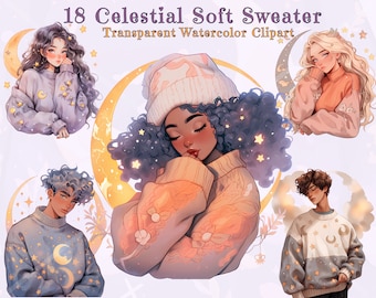 Celestial Autumn People in Sweater Clipart Bundle - Watercolor Stylish Soft Sweaters, Moon and Stars, Starry, Cute, Fashionable -Transparent