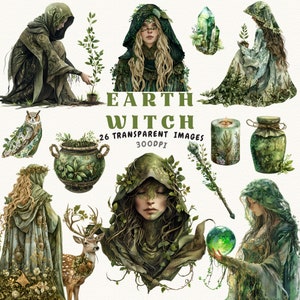 Earth Witch Watercolor Clipart Bundle - PNG Green Earth Witches&Herbal Art, Plants, Candles, Junk Journal, Magical Clipart-Instant Download