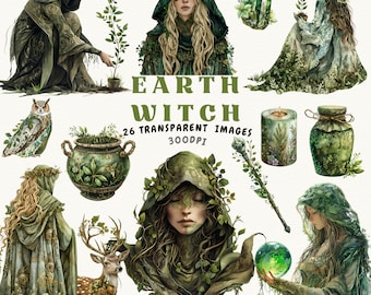 Earth Witch Watercolor Clipart Bundle - PNG Green Earth Witches&Herbal Art, Plants, Candles, Junk Journal, Magical Clipart-Instant Download