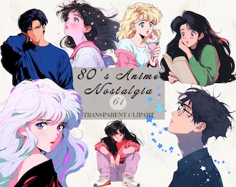 Retro 80&#39;s Anime & Manga Style Clipart Bundle - 61 High-Resolution PNG, Vintage Japanese Pop Culture, Commercial Use, Transparent Background