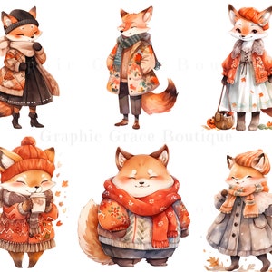 May include: Six watercolor illustrations of foxes wearing autumnal clothing. The foxes are wearing scarves, hats, and coats in shades of orange, brown, and red. Some of the foxes are holding mugs of hot beverages.