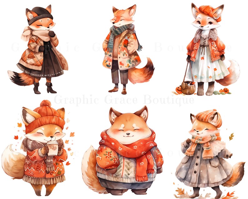 May include: Six watercolor illustrations of foxes wearing autumnal clothing. The foxes are wearing scarves, hats, and coats in shades of orange, brown, and red. Some of the foxes are holding mugs of hot beverages.