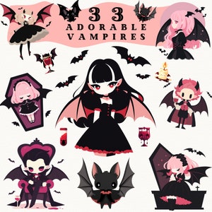 Schattige vampieren digitale stickers, Vampire Party clipart, journaling, Halloween clipart, grillige sticker, transparant, scrapbooking, anime