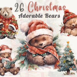 Aquarel kerstberen clipartbundel: schattige beren in winterkerstkleding, schattig winterbeercadeau | Transparante PNG's van hoge kwaliteit
