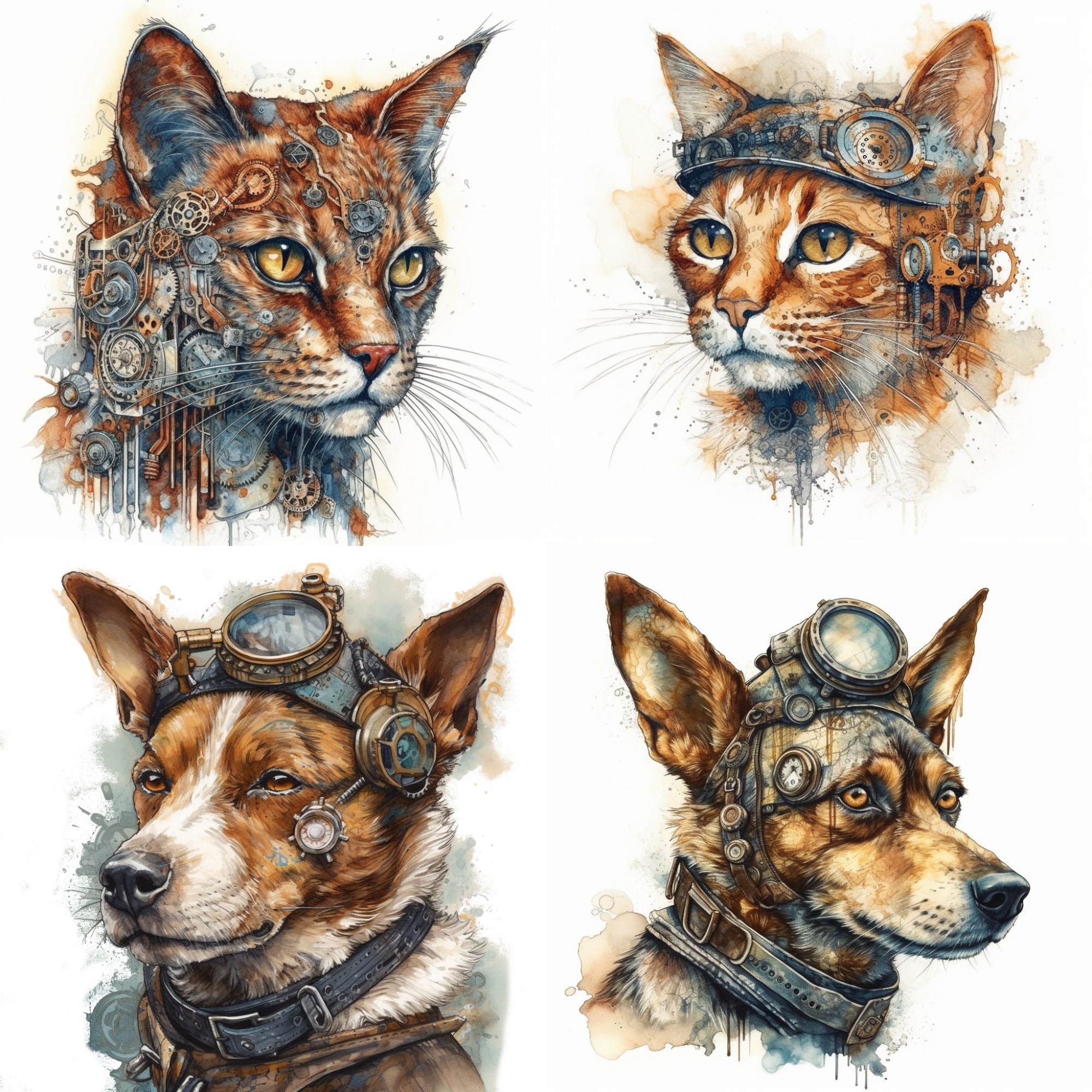 Steampunk Animals Clipart Industrial Decor Watercolor - Etsy