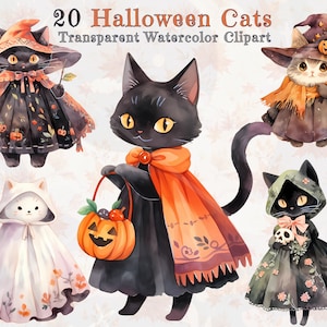 Bundle de Clipart de chat Halloween aquarelle : Chats mignons dans des chapeaux de sorcière, des robes de citrouille, des tenues de squelette et de fantôme | PNG transparents de haute qualité