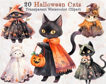 Halloween Cat Clipart Bundle, Watercolor Witch Cat PNG, Cute Ghost Skeleton Pumpkin Stickers Digital Download