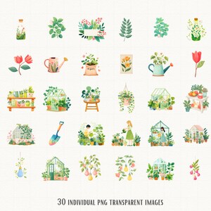 Pu&ograve; includere: Illustrazioni ad acquerello di elementi di giardinaggio, tra cui piante, annaffiatoi, serre e attrezzi da giardinaggio. Le immagini sono in una morbida tavolozza di colori pastello, con una variet&agrave; di tipi e disposizioni di piante. Il testo in basso recita "30 INDIVIDUAL PNG TRANSPARENT IMAGES".