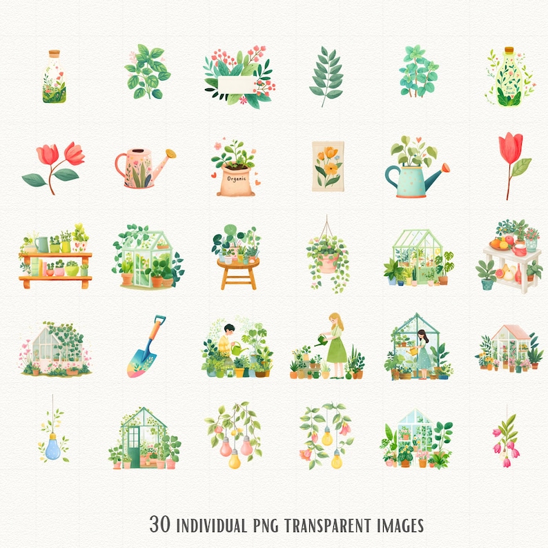 Pu&ograve; includere: Illustrazioni ad acquerello di elementi di giardinaggio, tra cui piante, annaffiatoi, serre e attrezzi da giardinaggio. Le immagini sono in una morbida tavolozza di colori pastello, con una variet&agrave; di tipi e disposizioni di piante. Il testo in basso recita "30 INDIVIDUAL PNG TRANSPARENT IMAGES".