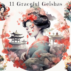 Geisha Watercolor Clipart Bundle | Japanese Inspired |High-Quality PNG Format | Commercial Use | Instant Digital Download