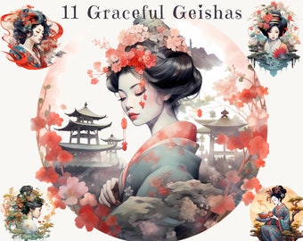 Geisha Watercolor Clipart Bundle, Japanese Inspired Woman PNG, Asian Floral Scrapbook Digital Download