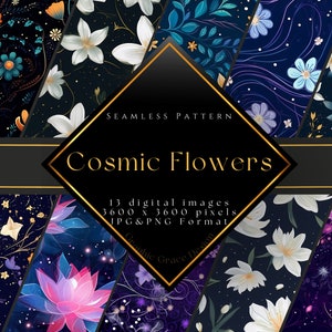 May include: A set of 13 digital seamless patterns featuring cosmic flowers in various colors and styles. The patterns are 3600 x 3600 pixels and available in JPG and PNG formats.