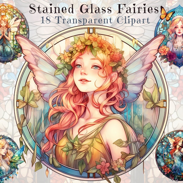 Enchanting Fairies Stained Glass Watercolor Clipart Bundle - High-Quality Mystical & Mandala Design, Commercial Use Ready, Digital Download