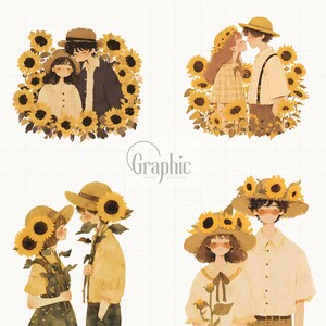 May include: Four illustrations of couples in love surrounded by sunflowers. The couples are wearing straw hats and are dressed in yellow and brown clothing. The sunflowers are yellow with brown centers.