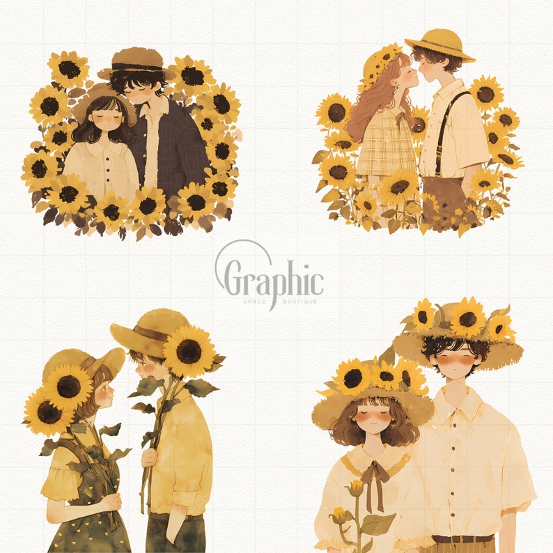 May include: Four illustrations of couples in love surrounded by sunflowers. The couples are wearing straw hats and are dressed in yellow and brown clothing. The sunflowers are yellow with brown centers.