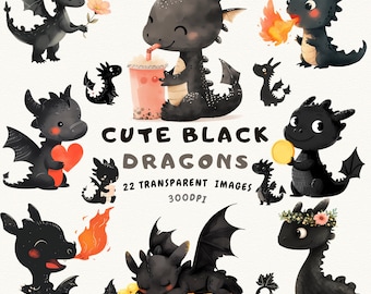 Cute Black Dragon Clipart Bundle, Whimsical PNG Designs (Digital Download)