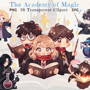 Academy of Magic Clipart Bundle: Cute Anime Wizards, Dark Academia, 26 Magical School Inspired Unique Images, Transparent PNG and SVG