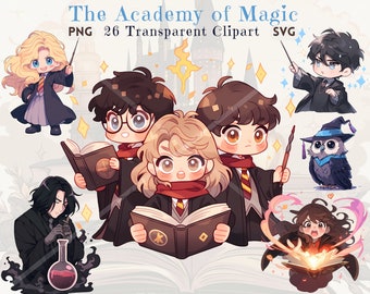 Academy of Magic Clipart Bundle: Cute Anime Wizards, Dark Academia, 26 Magical School Inspired Unique Images, Transparent PNG and SVG