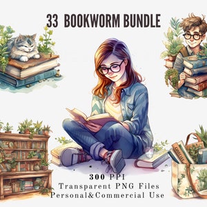 Watercolor Bookworm Clipart Bundle: Library & Reading Nooks (Digital Download)