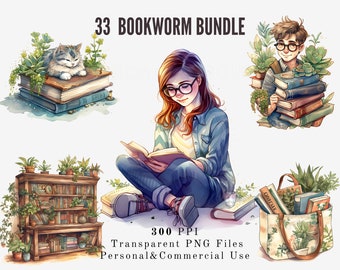 Watercolor Bookworm Clipart Bundle, Cozy Library PNG, Reading Nook Bookshelf Art, Book Lover Digital Download