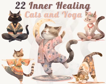 Spiritual Yoga Cats Clipart – Whimsical Watercolor Feline Poses, PNG Digital Download for Planners, Crafts & Stickers