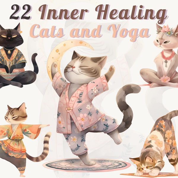 Watercolor Yoga Cats Clipart Bundle, Spiritual Feline Yoga Poses, Meditating Cats, High-Quality PNG And SVG, Personal And Commercial Use