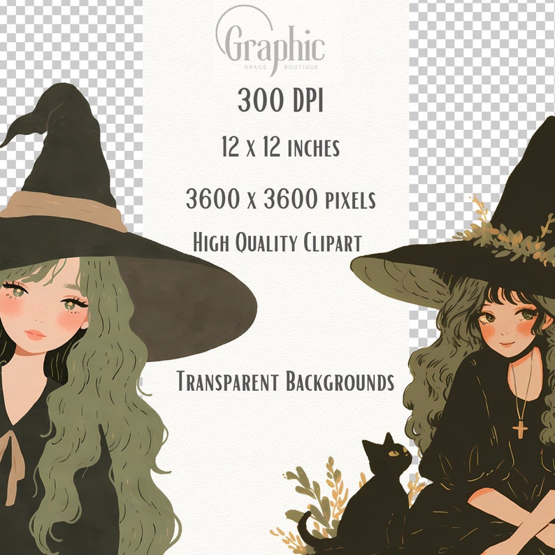 May include: Two illustrations of witches with long green hair wearing black pointed hats and black dresses. One witch is holding a black cat. The illustrations have a transparent background.