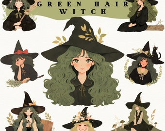 Green Hair Witch Clipart: Watercolor Magical PNG Stickers (Digital Download)