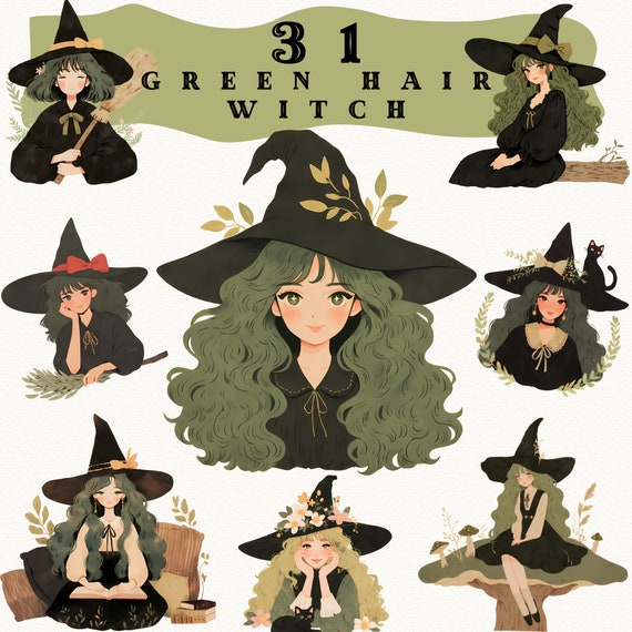 Green Hair Witch Clipart: Watercolor Magical PNG Stickers (Digital Download)
