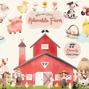 Watercolor Adorable Farm Clipart, Farm Animals Watercolor Digital Clipart, Nursery Farm Bundle, Barn, Tractor, Transparent High-Quality PNG