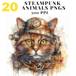 Steampunk Animals ClipArt, Decoración industrial, Acuarela Steampunk PNG, Paquete de imágenes prediseñadas victorianas, Uso comercial, Descarga digital instantánea