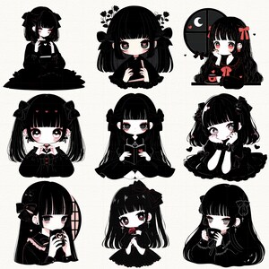 May include: Nine illustrations of anime girls with black hair, wearing black dresses and accessories. Each girl has a different expression and pose. Some are holding books, others are holding cups, and one is holding a rose.