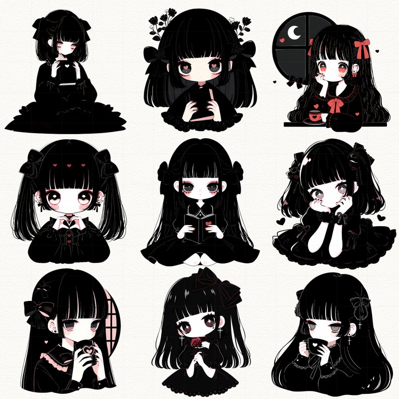 May include: Nine illustrations of anime girls with black hair, wearing black dresses and accessories. Each girl has a different expression and pose. Some are holding books, others are holding cups, and one is holding a rose.