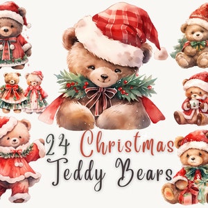 Aquarell Weihnachten Teddybär Clipart Bundle: Teddybären in Winterweihnachtskleidung, entzückendes Wintergeschenk | Transparentes hochwertiges PNG
