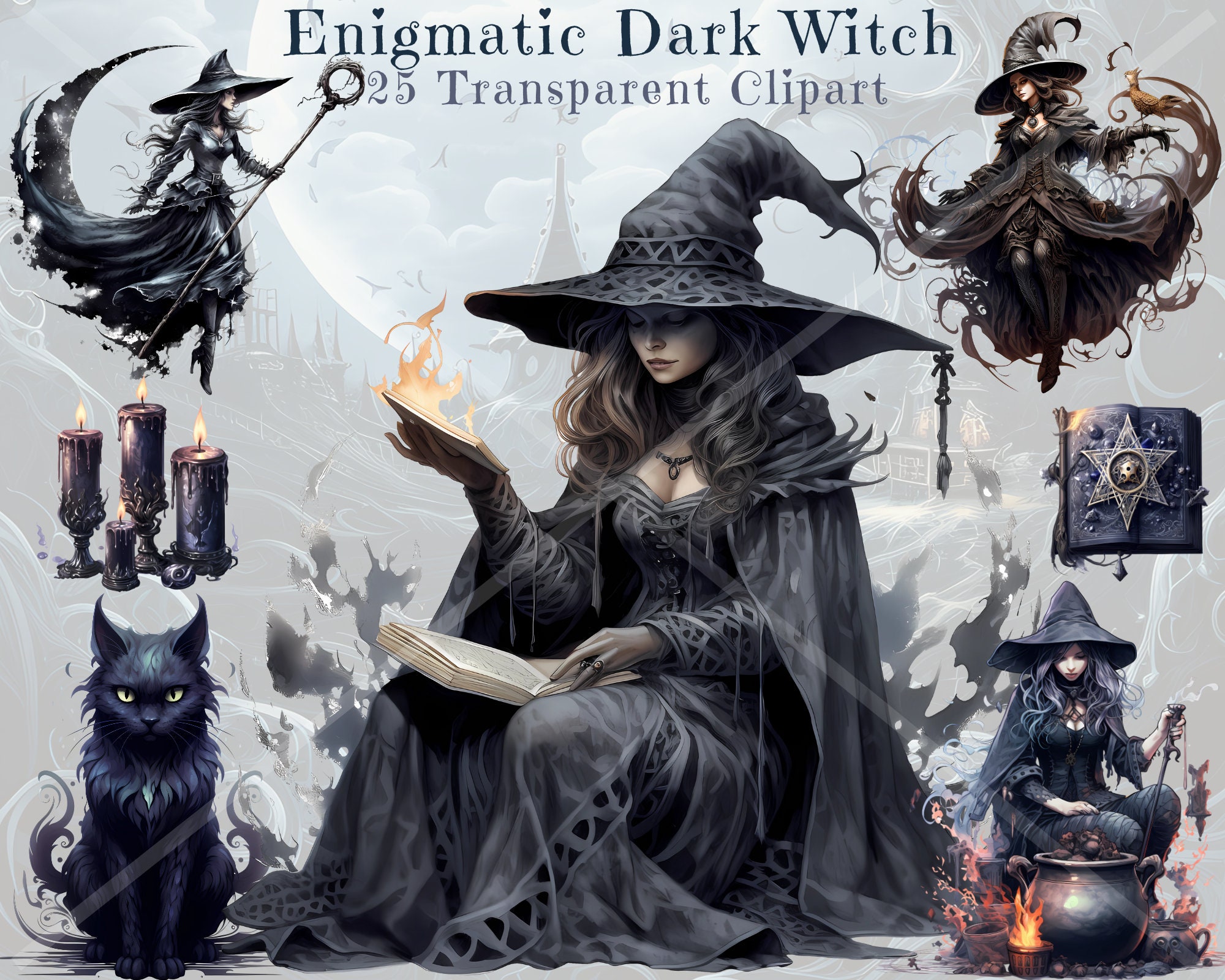 Mystical Dark Witch Digital Clipart Bundle | High Quality PNG Witchcraft Images for Commercial Use | Alchemy, Potions, Witch Elements