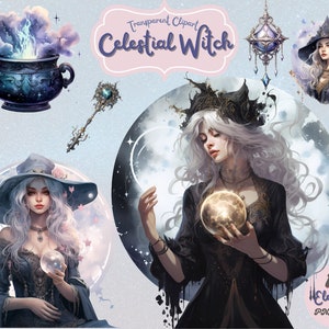 Bundle de cliparts numériques de sorcière céleste | Images de sorcellerie PNG de haute qualité à usage commercial | Alchimie, Potions, Éléments de Sorcière Lune