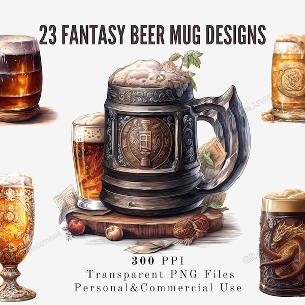 Watercolor Beer Mugs Clipart - digital png fantasy insipred beer mugs, beer mug graphics for instant download commercial use