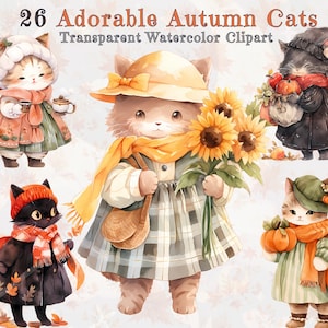 Herfst katten aquarel clipart bundel - 26 hoogwaardige PNG's - schattige katten in herfstkleding - kinderkamer decor, persoonlijk en commercieel gebruik