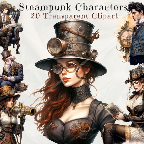 Bundle de Clipart numérique aquarelle de personnages inspirés de Steampunk unique, PNG Transparent, utilisation commerciale, téléchargement numérique