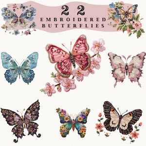 Autocollants numériques brodés de papillons, clipart esthétique de printemps, tenue de journal, png mignon floral, autocollant fantaisiste, transparent, scrapbooking