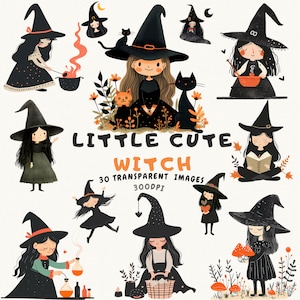 Entzückende kleine Hexe Clipart Sammlung, süße kleine Hexen die Zaubertränke basteln, Pilze sammeln und mehr! - Sofort Download