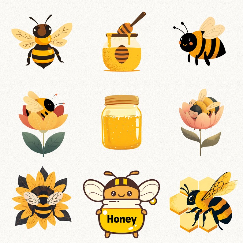 Cute Bee Clipart Bundle, Whimsical Honey Bee PNG SVG, Spring Nursery ...
