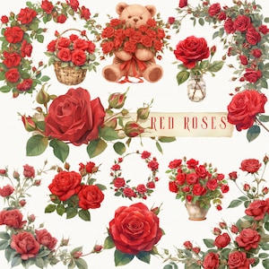 Red Roses Watercolor Clip Art to compliment your Floral Design Templates - Red Rose Borders, In Baskets and More Elements - Digital Download