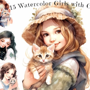 Watercolor Girls and Cats Clipart Bundle: High-Resolution PNGs for Commercial and Personal Use - Cute, Artistic and Adorable